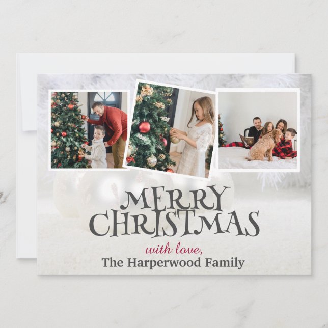 Elegant Snowman Joy Christmas Family Photo Collage Holiday Card (Front)