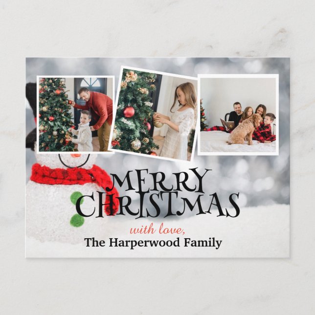 Elegant Snowman Joy Christmas Family Photo Collage Holiday Postcard (Front)