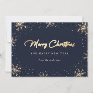 Elegant Snowy Blue and Gold Snowflake Holiday Card