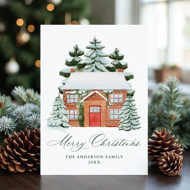 Elegant Snowy Brick Home Christmas Non-Photo Holiday Card (Creator Uploaded)