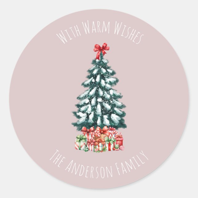 Elegant Snowy Christmas Tree Personalised Pink Classic Round Sticker (Front)
