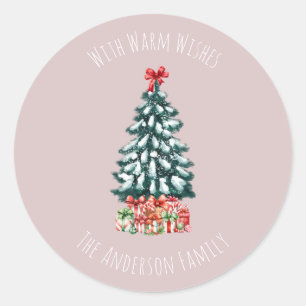 Elegant Snowy Christmas Tree Personalized Pink Classic Round Sticker