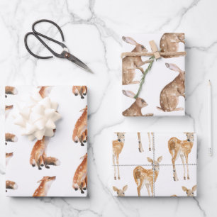 Elegant Snowy Winter Animals Red Fox Hare Doe Deer Wrapping Paper Sheet