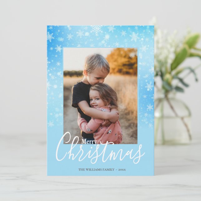 Elegant Snowy Winter Blue Merry Christmas Photo Holiday Card (Standing Front)