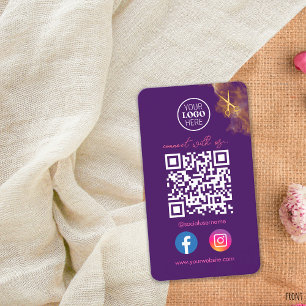 Elegant Social Media Purple QR Code Gold Scissors Business Card