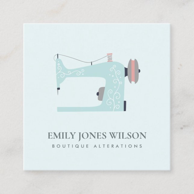 ELEGANT SOFT AQUA BLUE PINK SEWING MACHINE TAILOR SQUARE BUSINESS CARD (Front)