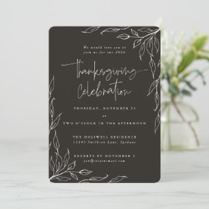 Elegant Soft Black Modern Leaf Motif Thanksgiving Invitation