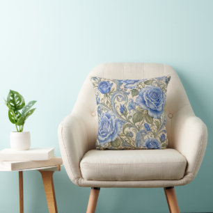 Elegant Soft Blue Art Nouveau Rose Cushion