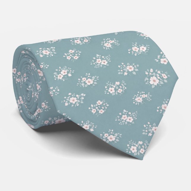 Elegant Soft Blue Ditsy Floral Tie (Rolled)