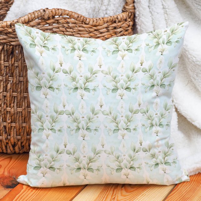 Elegant Soft Blue Sage Ivory Floral Botanical Cushion (Elegant Soft Blue Sage Ivory Floral Botanical Throw Pillow)