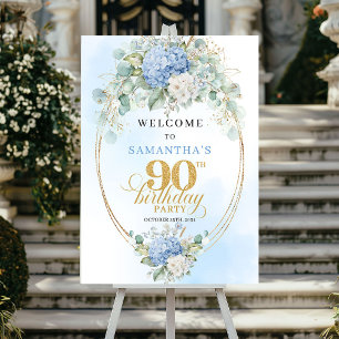 Elegant Soft Blue Watercolor 90th Birthday Welcome Poster