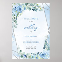 Elegant soft blue watercolor floral silver Welcome