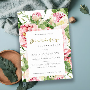 Elegant Soft Blush Floral Peony Any Age Birthday Invitation