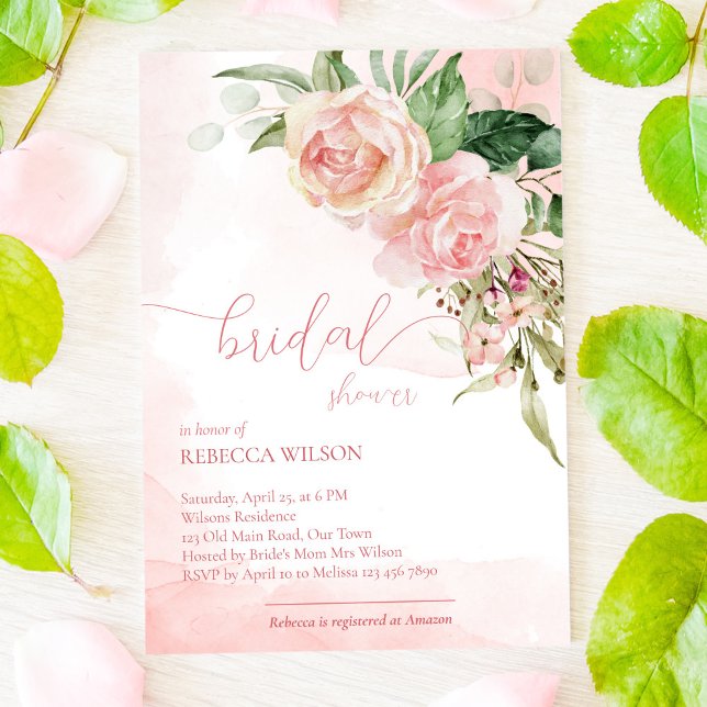 Elegant soft blush pink roses bridal shower invita invitation (Creator Uploaded)
