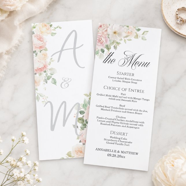 Elegant Soft Blush Roses 4x9'' Wedding Menu (Creator Uploaded)