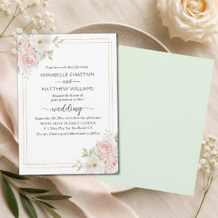 Elegant Soft Blush Roses Gold Frame Wedding  Invitation