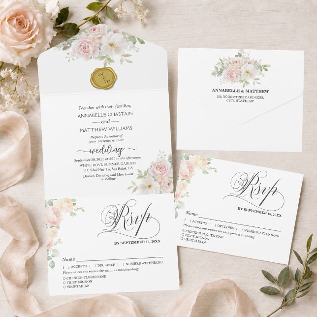 Elegant Soft Blush Roses Wedding  All In One Invitation (Creator Uploaded)