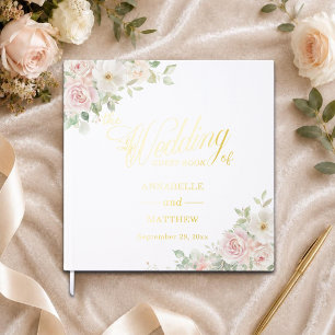 Elegant Soft Blush Roses Wedding Gold Guest Book
