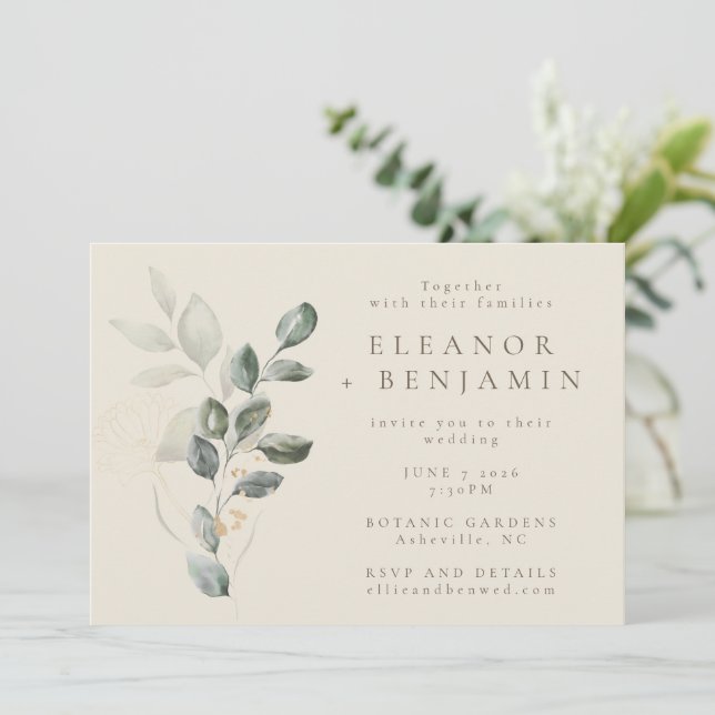 Elegant Soft Botanical Eucalyptus Minimal Wedding  Invitation (Standing Front)
