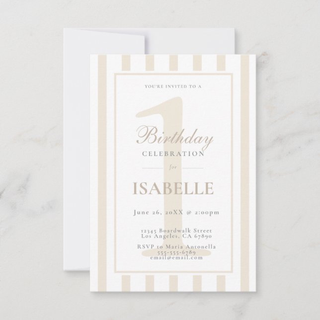 Elegant Soft Champagne Stripe 1st Birthday Invitation (Front)