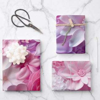 Elegant Soft Colours 3D Pink Flowers Pattern Flora Wrapping Paper Sheet
