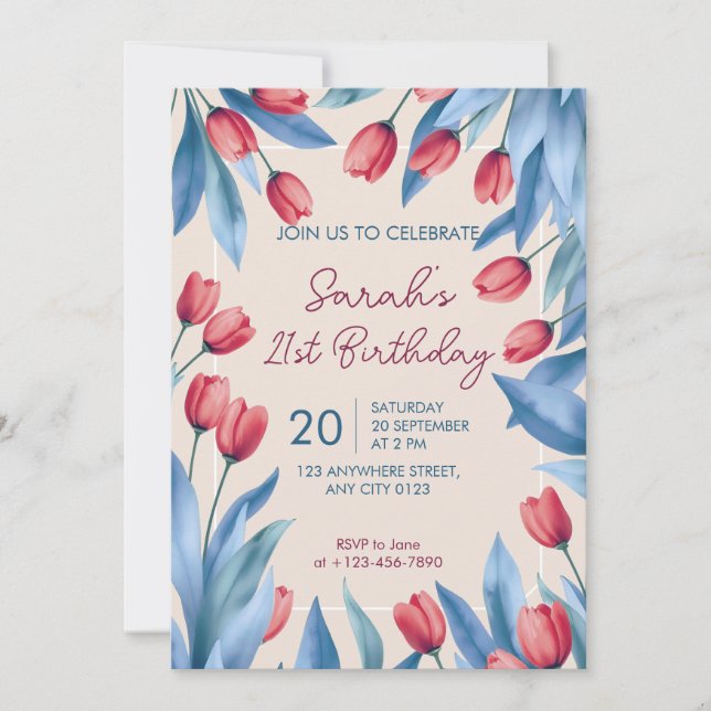 Elegant Soft Floral Tulip 21st Birthday Invitation (Front)