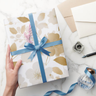 Elegant Soft Gold Flower White Floral Pattern Wrapping Paper