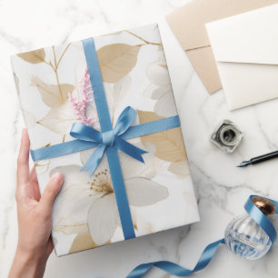 Elegant Soft Gold Flower White Floral Pattern Wrapping Paper
