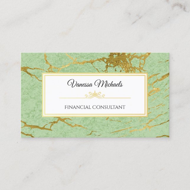 Elegant Soft Green and Faux Gold Marble Accountant Business Card (Front)