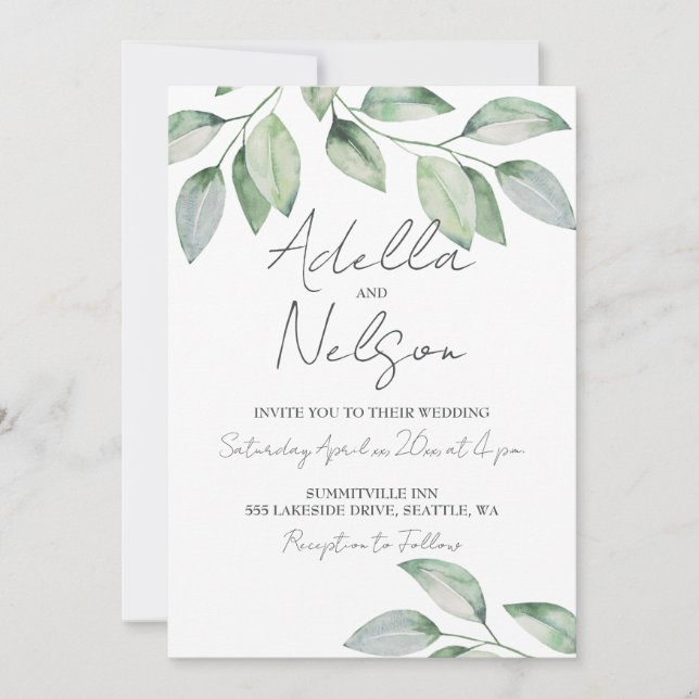 Elegant Soft Green Leaves Wedding  Invitation (Front)