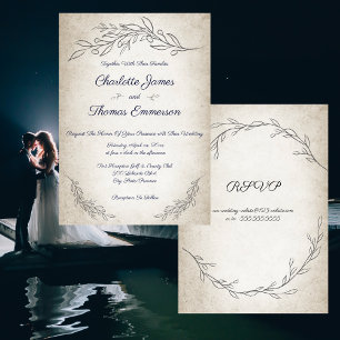 Elegant Soft Leaves Script Wedding with RSVP Invitation