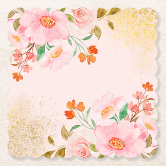 Elegant Soft Pastel Flowers with Gold Texture  Paper Coaster