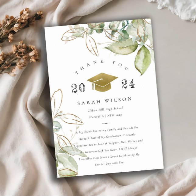 Elegant Soft Pastel Gold Green Foliage Graduation Thank You Card (Creator Uploaded)