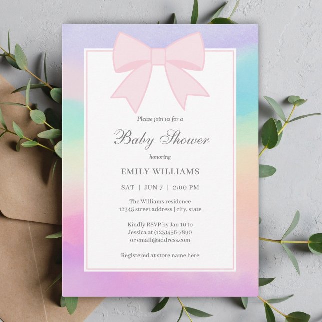 Elegant Soft Pastel Pink Bow Girl Baby Shower Invitation (Creator Uploaded)