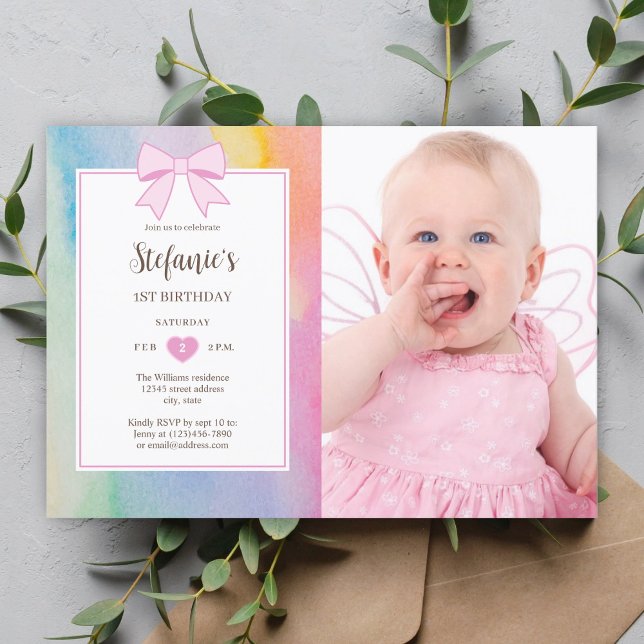 Elegant Soft Pastel Watercolor 1st Birthday Photo Invitation (Creator Uploaded)