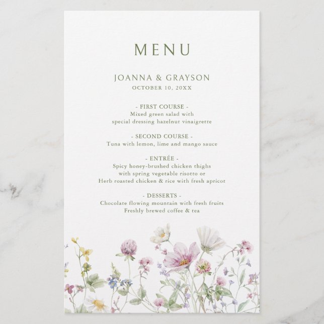 Elegant Soft Pastel Wildflower Botanical  Menu (Front)