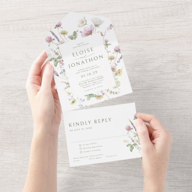 Elegant Soft Pastel Wildflower Botanical Wedding All In One Invitation (Tearaway)