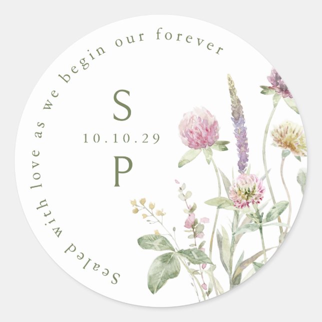 Elegant Soft Pastel Wildflower Botanical Wedding Classic Round Sticker (Front)