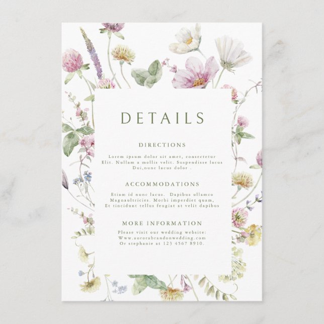 Elegant Soft Pastel Wildflower  Wedding Details Enclosure Card (Front)