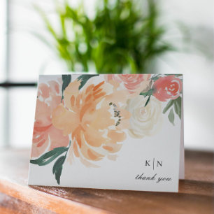 Elegant Soft Peach Floral Monogram Wedding Thank You Card