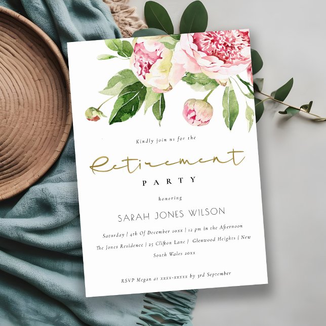 Elegant Soft Pink Blush Floral Peony Retirement Invitation (Creator Uploaded)