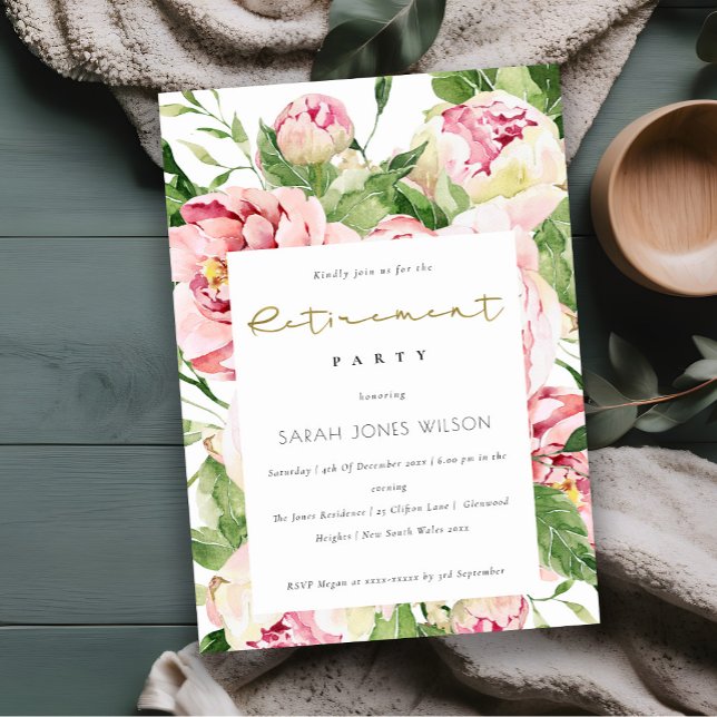 Elegant Soft Pink Blush Floral Peony Retirement Invitation (Creator Uploaded)