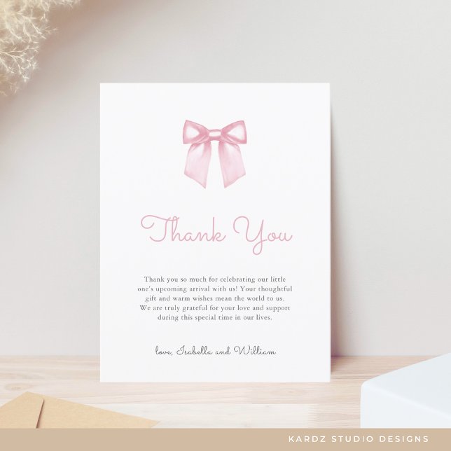 Elegant Soft Pink Bow Baby Shower Thank You Postcard (Personalize front and back of postcard)