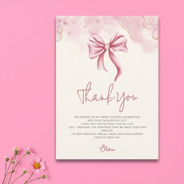 Elegant Soft Pink Bow Sweet 16 Thank You Card (Creator Uploaded)