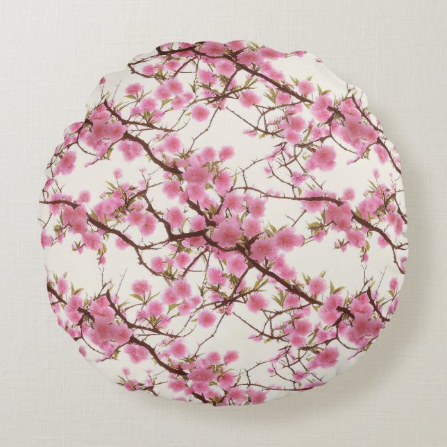 Elegant Soft Pink Cherry Blossom Florals  Round Cushion (Front)