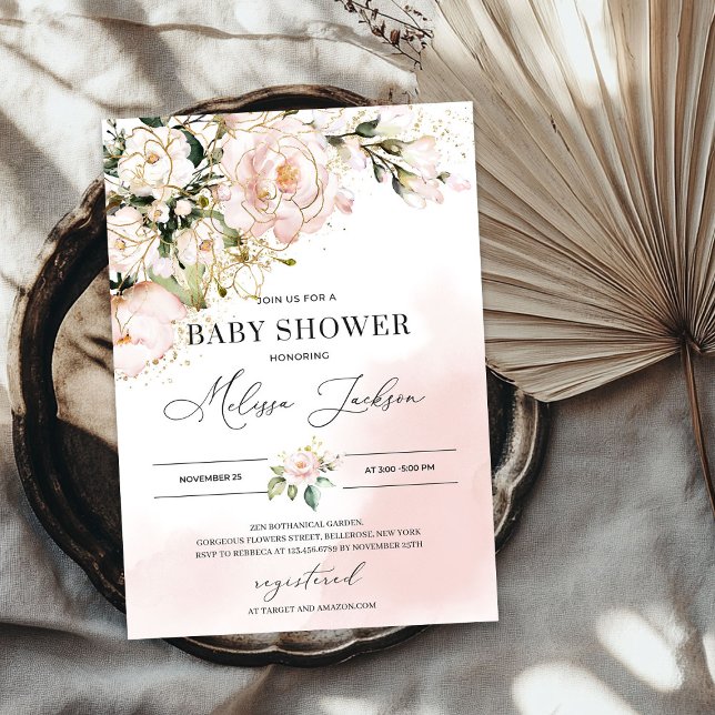 Elegant Soft pink floral gold boho baby shower Invitation (Elegant Soft pink floral gold boho baby shower Invitation)