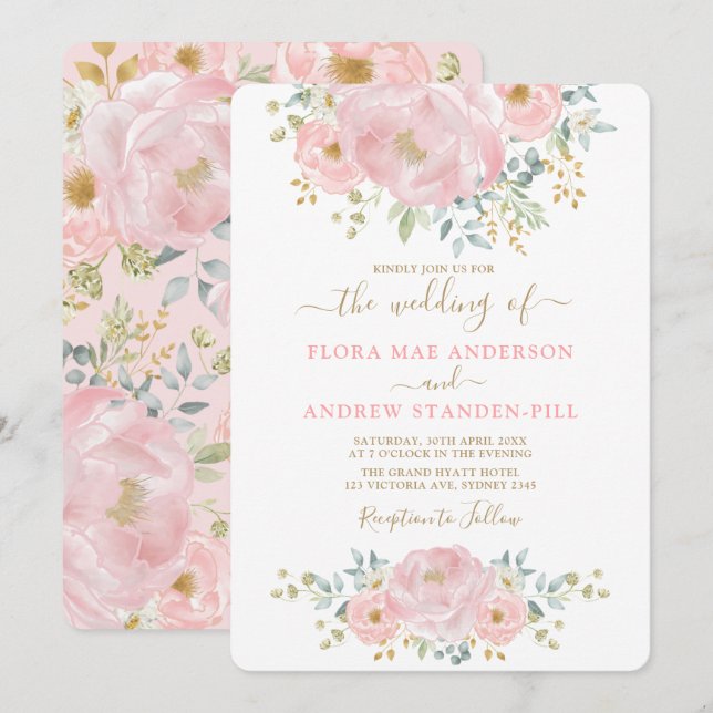Elegant Soft Pink Floral Peony + Greenery Wedding Invitation (Front/Back)