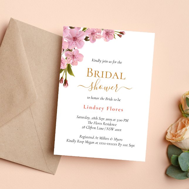 Elegant Soft Pink Flowers Gold Bridal Shower Invitation (Creator Uploaded)