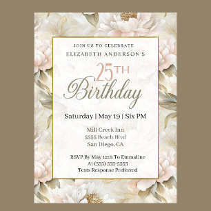Elegant Soft Pink Ivory Peony 25th Birthday Invitation