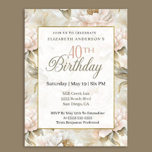 Elegant Soft Pink Ivory Peony 40th Birthday  Invitation